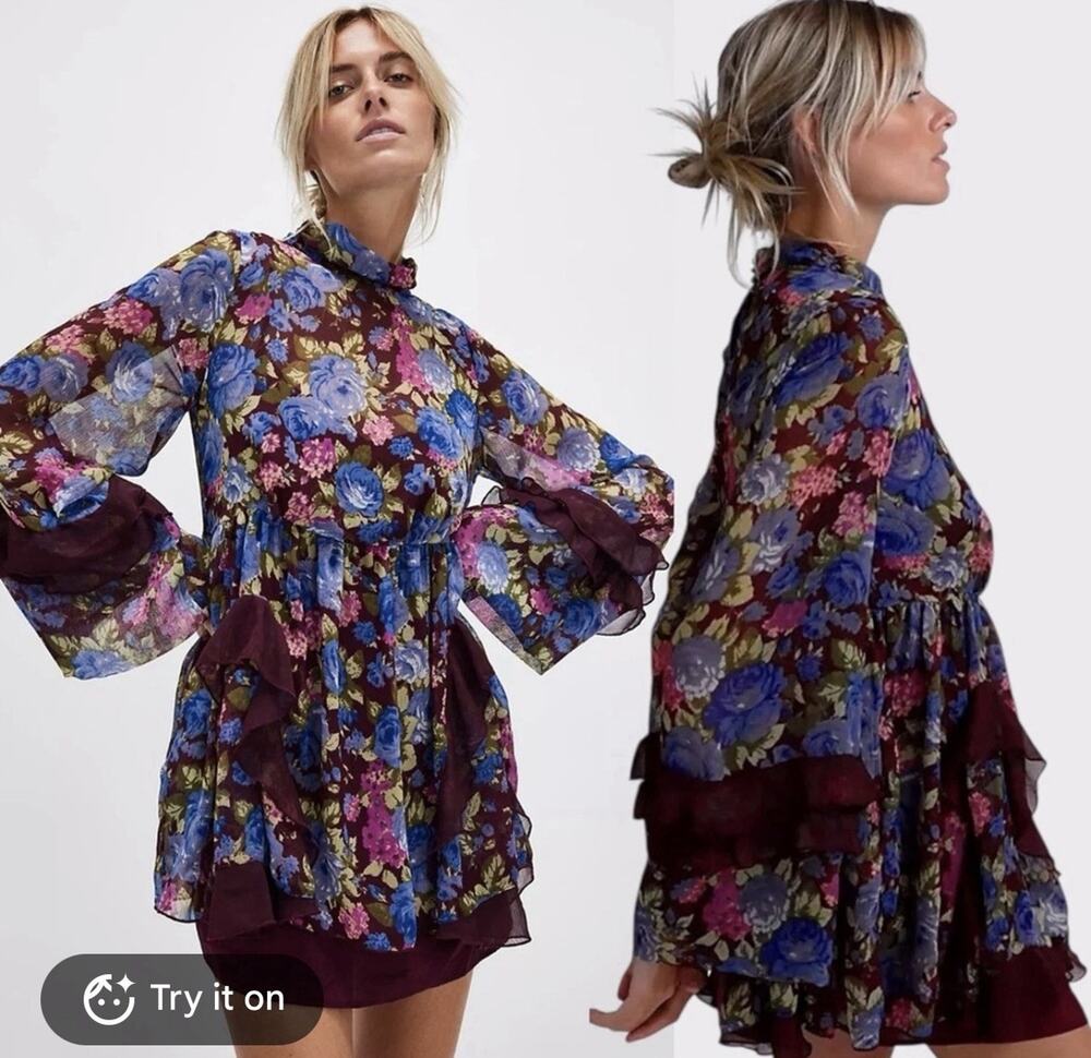 Free People Noella Mini Dress Tunic L Floral Dainty Romantic Lace Whimsical Boho